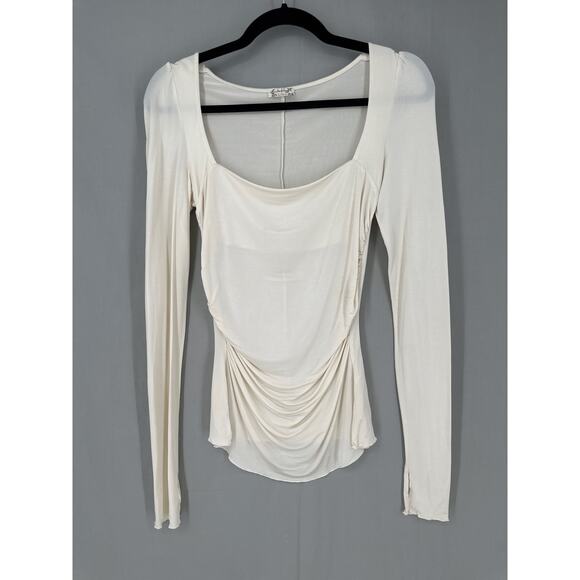 Free People Top Small Beige Stretch Long Sleeve Square Neck Ruched Wind Down - Picture 4 of 6